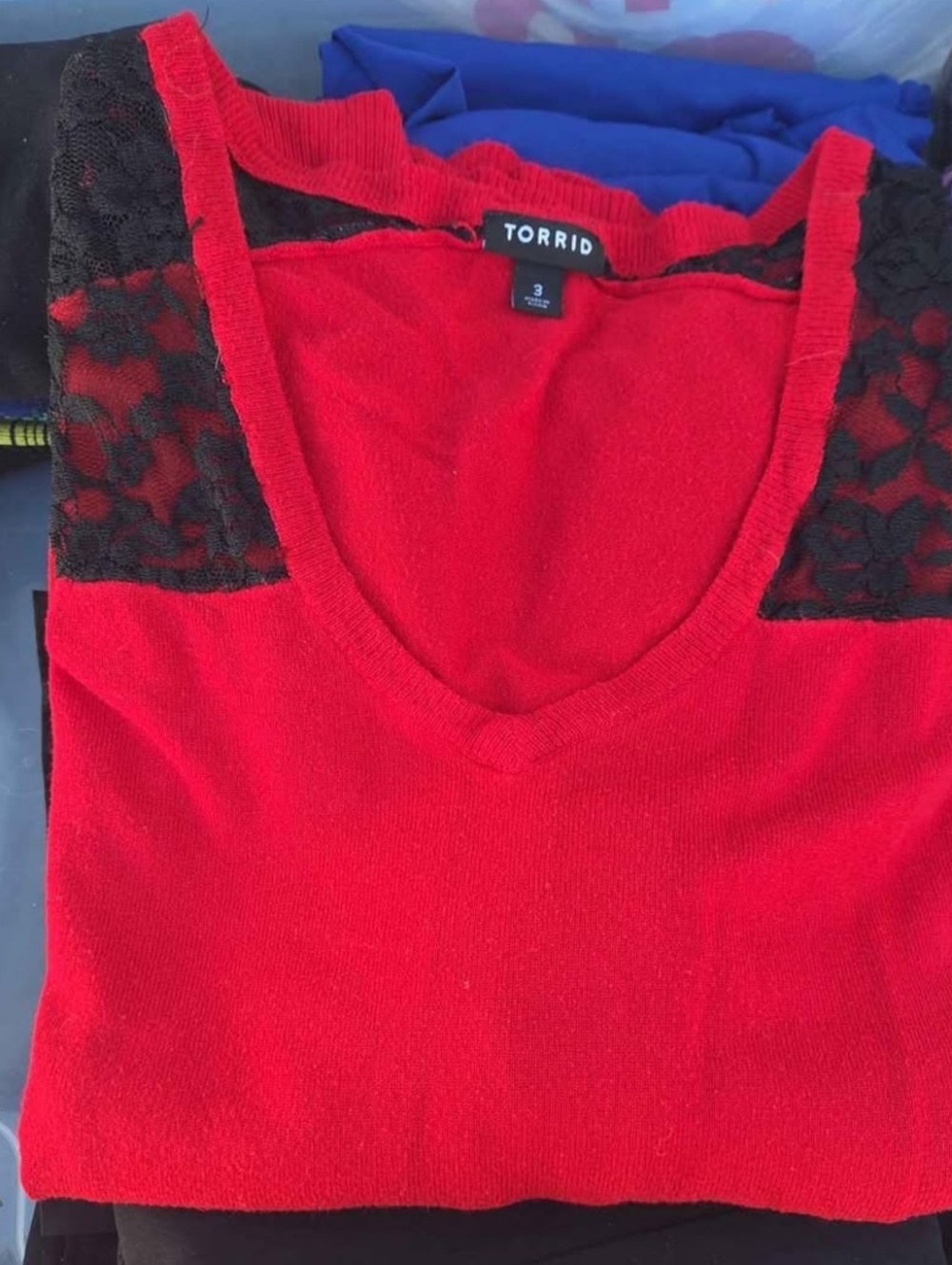 torrid Red V-Neck Sweater with Black Lace Shoulder Panels